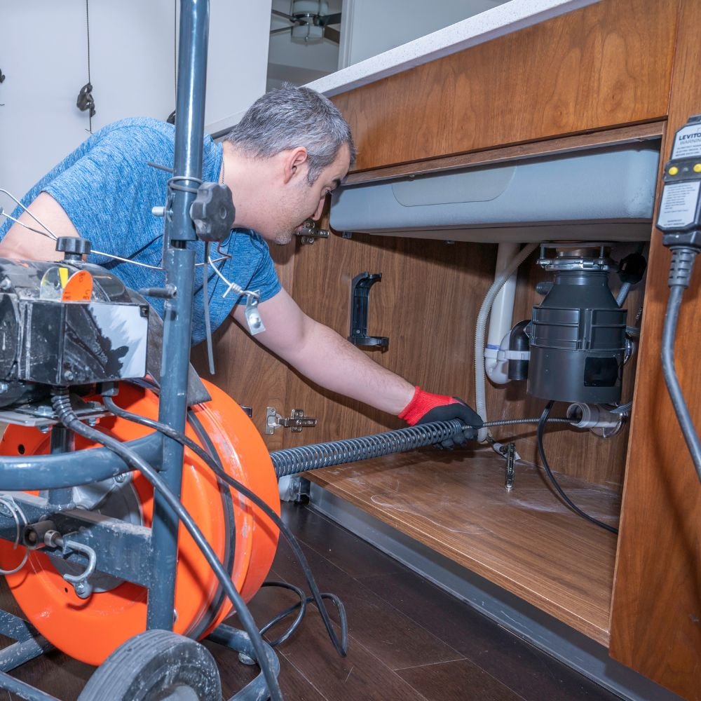 Bathroom vanity that has a clogged sink that is being cleared.
