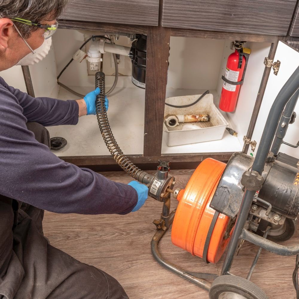Kitchen sink that had a blockage in the drainage pipe. It is being cleared out and cleaned in this image.